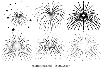 Comic Fireworks, sunburst radial stripes with stars and sparks. retro design. New Year's Party celebration Hand drawn doodle.