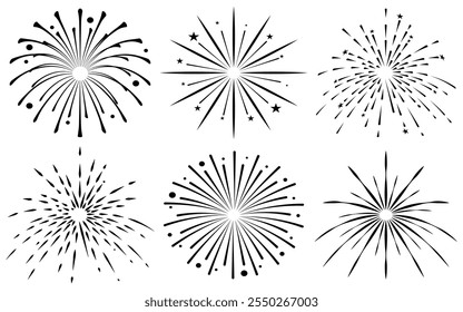 Comic Fireworks, sunburst radial stripes with stars and sparks. retro design. New Year's Party celebration Hand drawn doodle.
