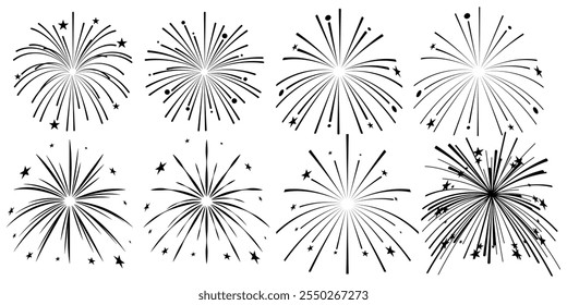 Comic Fireworks, sunburst radial stripes with stars and sparks. retro design. New Year's Party celebration Hand drawn doodle.