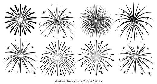 Comic Fireworks, sunburst radial stripes with stars and sparks. retro design. New Year's Party celebration Hand drawn doodle.