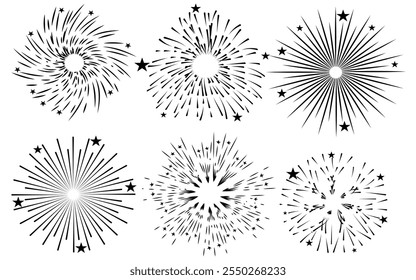 Comic Fireworks, sunburst radial stripes with stars and sparks. retro design. New Year's Party celebration Hand drawn doodle.