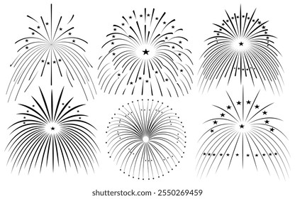 Comic Fireworks, sunburst radial stripes with stars and sparks. retro design. New Year's Party celebration Hand drawn doodle.