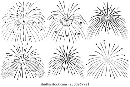 Comic Fireworks, sunburst radial stripes with stars and sparks. retro design. New Year's Party celebration Hand drawn doodle.