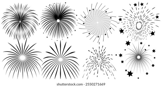 Comic Fireworks, sunburst radial stripes with stars and sparks. retro design. New Year's Party celebration Hand drawn doodle.