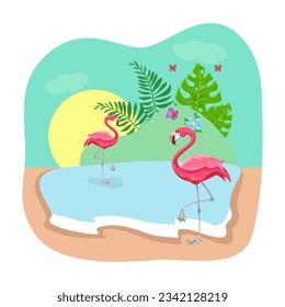 Comic flamingoes in lagoon before drought vector illustration. Cartoon drawing of exotic pink birds in healthy natural habitat, flamingo migration. Nature, ecology, environment, fauna, flora concept