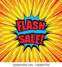 Comic Flash Sale wording advertising concept with blue speech bubble red rays and yellow spiral lightnings humor effects. Vector illustration