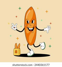 Comic flat Baguette shape with face on decorated background. Vector cartoon illustration in groovy retro style with bakery. Vintage image of cute tasty bread character with smile for poster or concept