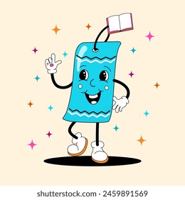 Comic flat Book with face and bookmark on decorated background. Vector cartoon stationery illustration in retro style. Vintage image of school supply literary character with smile for banner or poster
