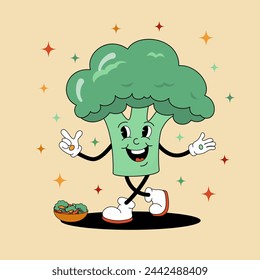 Comic flat Broccoli with face on decorated background. Vector cartoon illustration in groovy retro style with salad bowl. Vintage cute tasty green vegetable character with smile for banner or concept