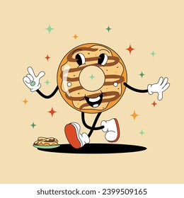 Comic flat caramel donut with face on color background. Vector cartoon illustration in groovy retro style with bakery. Cute tasty chocolate topping doughnut character with smile for banner or poster