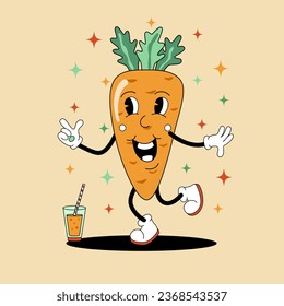 Comic flat Carrot with face on decorated background. Vector cartoon illustration in groovy retro style with juice. Image of cute tasty orange vegetable character with smile for concept or banner