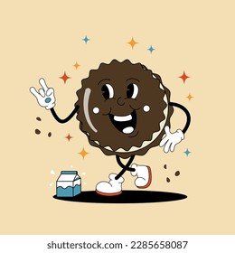 Comic flat chocolate cookie shape with face on decorated background. Vector cartoon illustration in groovy retro style with bakery. Square image of cute tasty character with smile for poster or flyer
