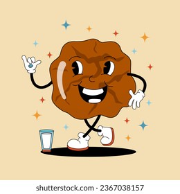 Comic flat chocolate cookie shape with face on decorated background. Vector cartoon illustration in groovy retro style with bakery. Square image of cute tasty character with smile for label or concept