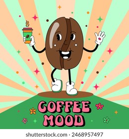 Comic flat coffee Bean with face on decorated background. Vector cartoon illustration in groovy retro style with coffee cup drink. Vintage image of cute coffee smiling character for poster or banner