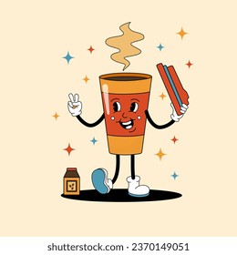 Comic flat coffee cup with face on decorated background. Vector cartoon illustration in groovy retro style with coffee beans. Square image of cute drink character with smile for poster or advertising