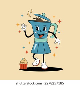Comic flat coffee pot with face on decorated background. Vector cartoon illustration in groovy retro style with bakery. Square image of cute kettle character with smile for advertising or concept
