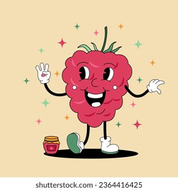 Comic flat crimson Raspberry with face on decorated background. Vector cartoon illustration in groovy retro style with jam. Square image of cute red berry character with smile for concept or banner