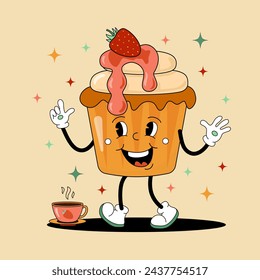 Comic flat cupcake with face on decorated background. Vector cartoon illustration in groovy retro style with bakery and coffee cup. Vintage cute tasty character image with smile for poster or design