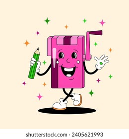 Comic flat desk pencil Magenta Sharpener with face on decorated background. Retro style vector cartoon stationery illustration. Vintage image of school supply character with smile for poster or banner