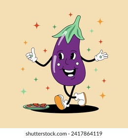 Comic flat Eggplant with face on decorated background. Vector cartoon illustration in groovy retro style with aubergine slice. Vintage image of purple brinjal character with smile for poster or banner