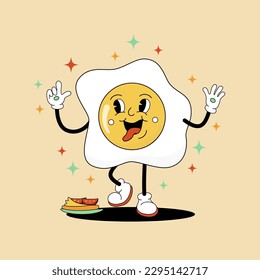 Huevo frito plano cómico sobre fondo decorado para plantilla, signo, cartel o diseño