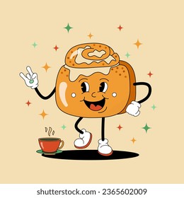 Comic flat glazed Cinnabon with face on decorated background. Vector cartoon illustration in groovy retro style with bakery. Square image of cute cinnamon roll character with smile for poster or flyer