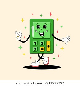 Comic flat green Calculator with face on color background for banner or template