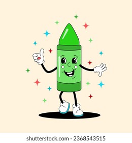 Comic flat Green Crayon with face on decorated background. Vector cartoon stationery illustration in retro style. Square image of cute school supply character with smile for advertising or template