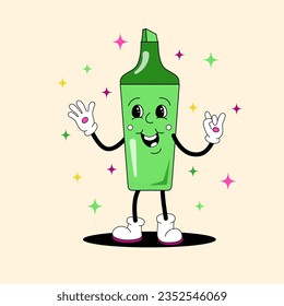 Comic flat Green Highlighter with face on decorated background. Vector cartoon stationery illustration in retro style. Square image of cute school supplies character with smile for banner or template