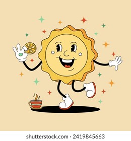 Comic flat lemon cookie with face on decorated background. Vector cartoon illustration in groovy retro style with bakery. Vintage image of cute tasty citric character with smile for banner or poster