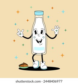 Comic flat Milk Bottle with face on decorated background. Vector cartoon illustration in groovy retro style with milk drink. Vintage image of cute dairy character with smile for poster or concept