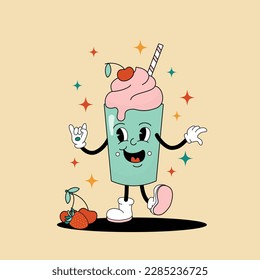 Comic flat Milkshake with face on decorated background. Vector cartoon illustration in groovy retro style with drink. Square image of cute milk shake character with smile for advertising or concept