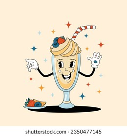 Comic flat Milkshake with face on decorated background. Vector cartoon illustration in groovy retro style with drink. Image of cute vanilla milk shake character with smile for advertising or concept