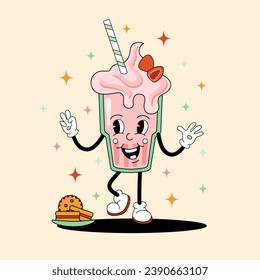 Comic flat Milkshake with face on decorated background. Vector cartoon illustration in groovy retro style with drink. Image of cute strawberry milk shake character with smile for banner or poster