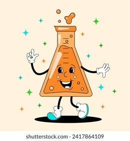 Comic flat orange Flask with face on decorated background. Vector cartoon laboratory equipment illustration in retro style. Vintage image of cute scientific character with smile for poster or banner