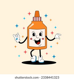 Comic flat orange Glue Bottle with face on decorated background. Vector cartoon stationery illustration in retro style. Square image of cute school supplies character with smile for banner or poster