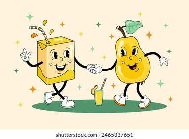 Comic flat Pear and Juice Pack with face on decorated background. Vector cartoon illustration in retro style of fresh fruit and drink. Vintage image of cute characters with smile for poster or banner
