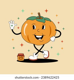 Comic flat Persimmon with face on decorated background. Vector cartoon illustration in groovy retro style with jam jar. Square image of cute orange fruit character with smile for advertising or poster