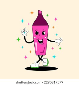 Comic flat Pink Highlighter with face on decorated background. Vector cartoon stationery illustration in retro style. Square image of cute school supplies character with smile for poster or template