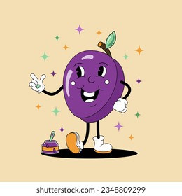 Comic flat Plum with face on decorated background. Vector cartoon illustration in groovy retro style with jam jar. Square image of cute tasty purple fruit character with smile for advertising or print