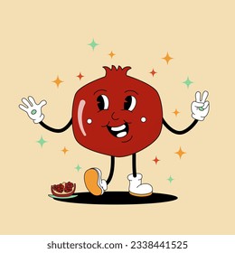 Comic flat Pomegranate with face on decorated background. Vector cartoon illustration in groovy retro style with slice. Square image of tasty red fruit character with smile for advertising or concept