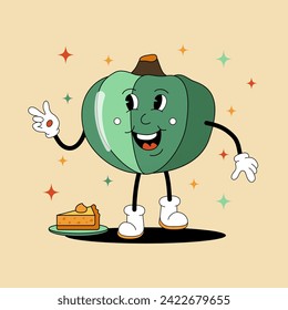 Comic flat Pumpkin with face on decorated background. Vector cartoon illustration in groovy retro style with gourd. Vintage image of cute green vegetable character with smile for banner or concept