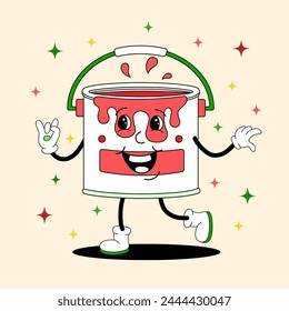 Comic flat red Paint Can with face on decorated background. Vector cartoon hand drawn illustration in retro style. Vintage image of cute repair supply bucket character with smile for banner or poster