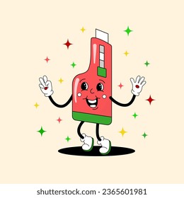 Comic flat Red stationery Knife with face on decorated background. Vector cartoon cutter illustration in retro style. Square image of cute school cut supply character with smile for design or banner