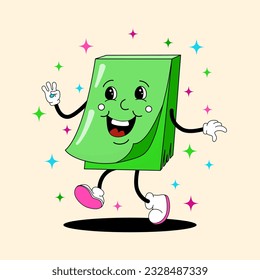 Comic flat sticky post Block with face on decorated background. Vector cartoon stationery illustration in retro style. Square image of cute school supplies character with smile for banner or sticker