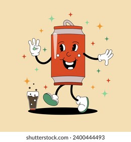 Comic flat Tin Can with face on decorated background. Vector cartoon illustration in groovy retro style with drink. Vintage image of cute soda water character with smile for advertising or poster