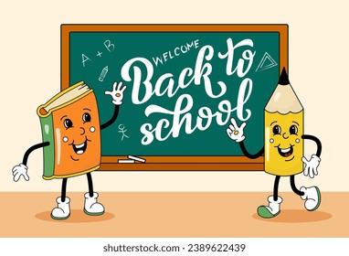 Comic flat yellow Pencil and orange Book with face at school blackboard. Vector cartoon stationery illustration with Back To School lettering. Image of school supply characters for poster or banner