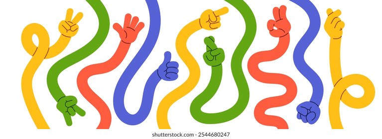 Comic flexible colorful long hands showing different gesture design elements in groovy hippie style