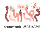 Comic flexible hands. Colored human arms holding vote ballots and megaphone, participate in voting. Voting and elections concept. Vector illustration in flat style