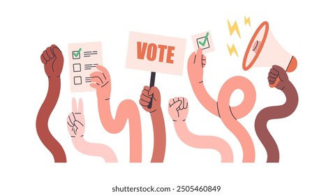 Manos flexibles cómicas. Brazos humanos de colores con papeletas de voto y megáfono, participan en la votación. Concepto de votación y elecciones. Ilustración vectorial en estilo plano